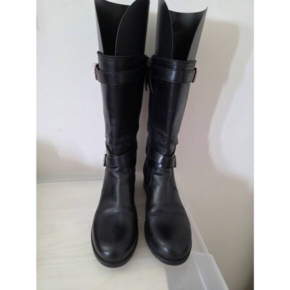 PRADA  BLACK  LEATHER 2X BELTED BUCKLE BIKER  BOOTS 37.5 ITALY - Picture 2 of 12